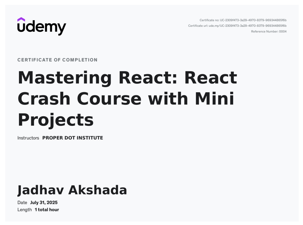 Mastering React – Udemy